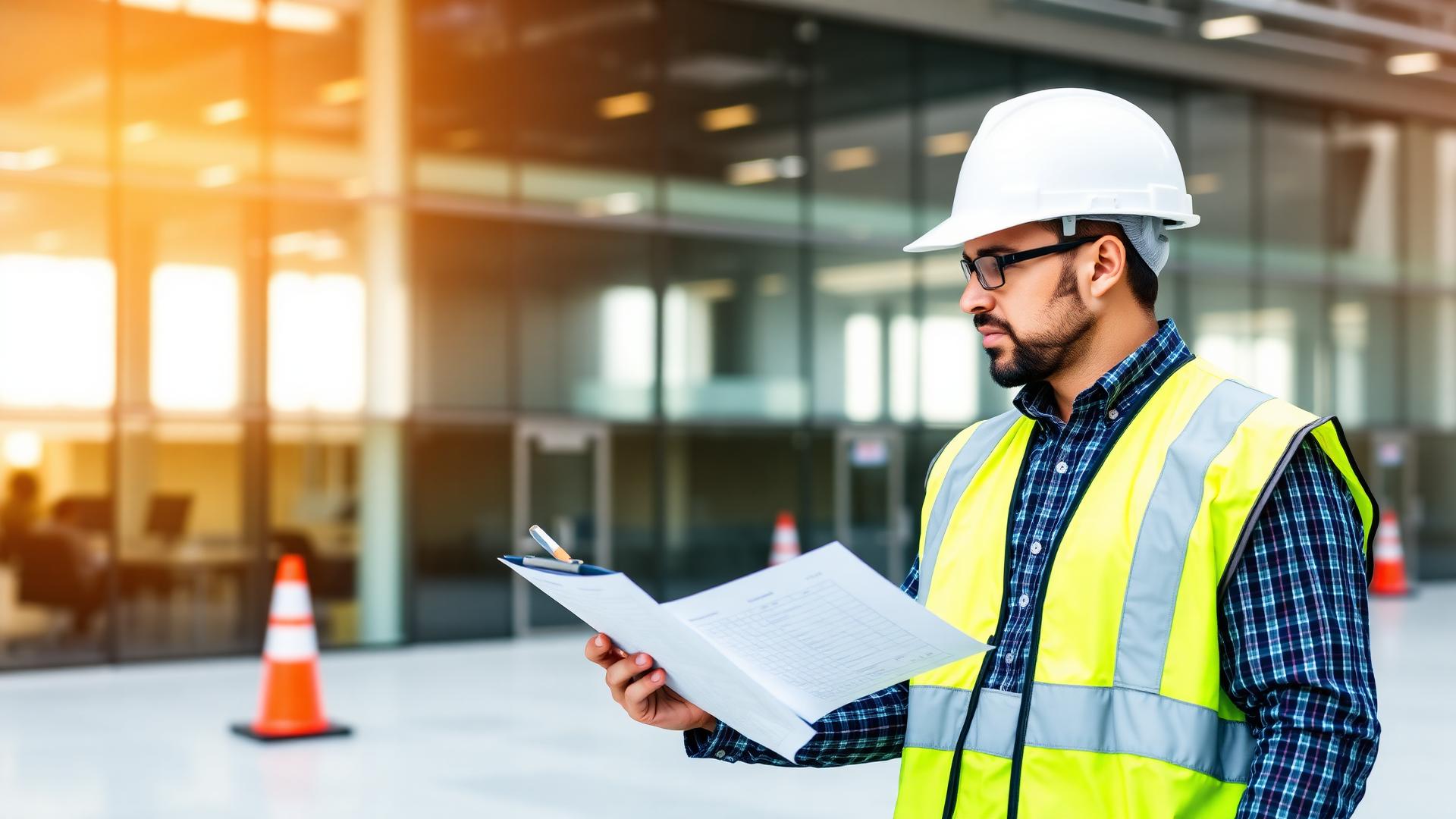 Safety professional reviewing compliance checklist on site